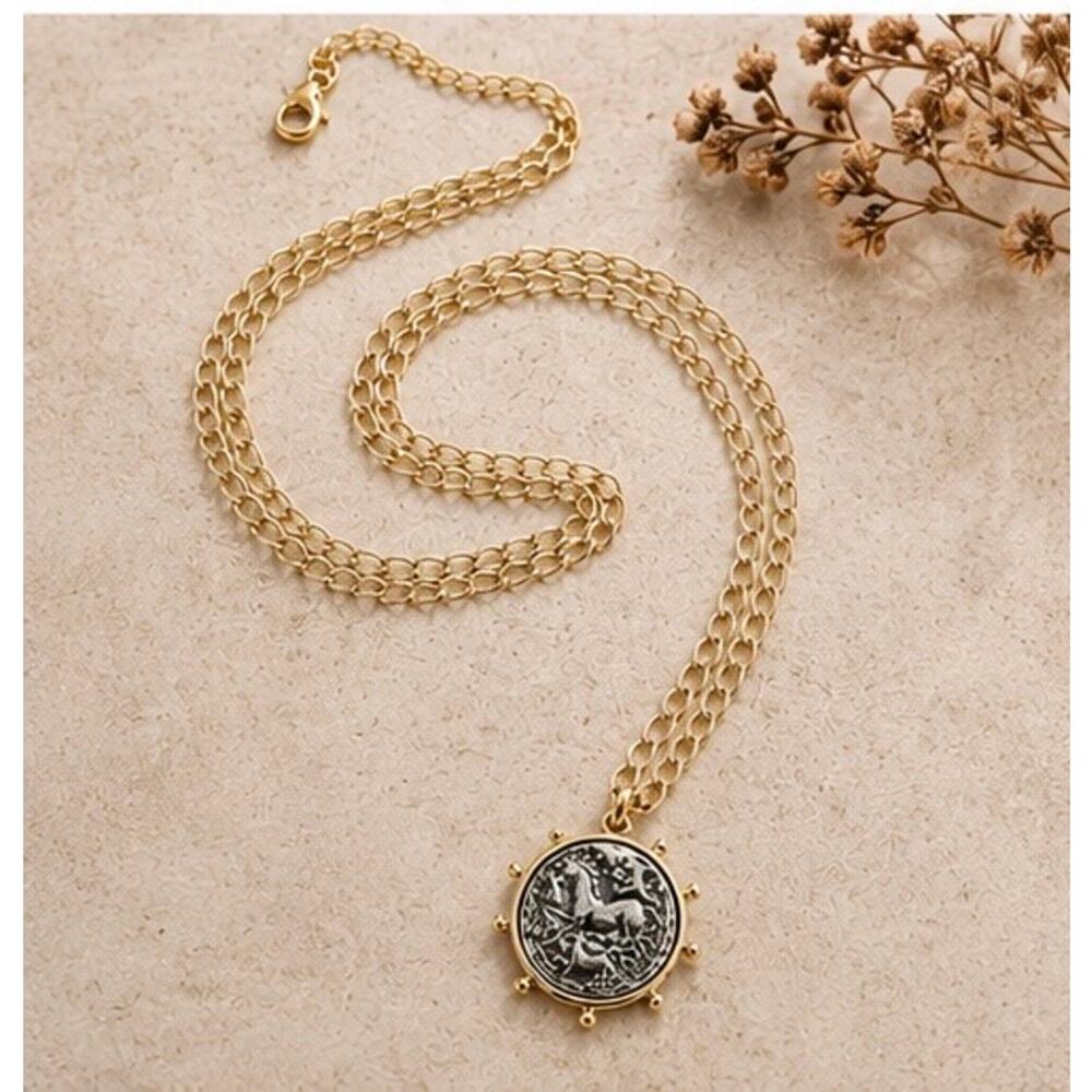 Equestrian Inspired Coin Pendant Necklace – 30” Adjustable Layering Chain - Picture 4 of 11